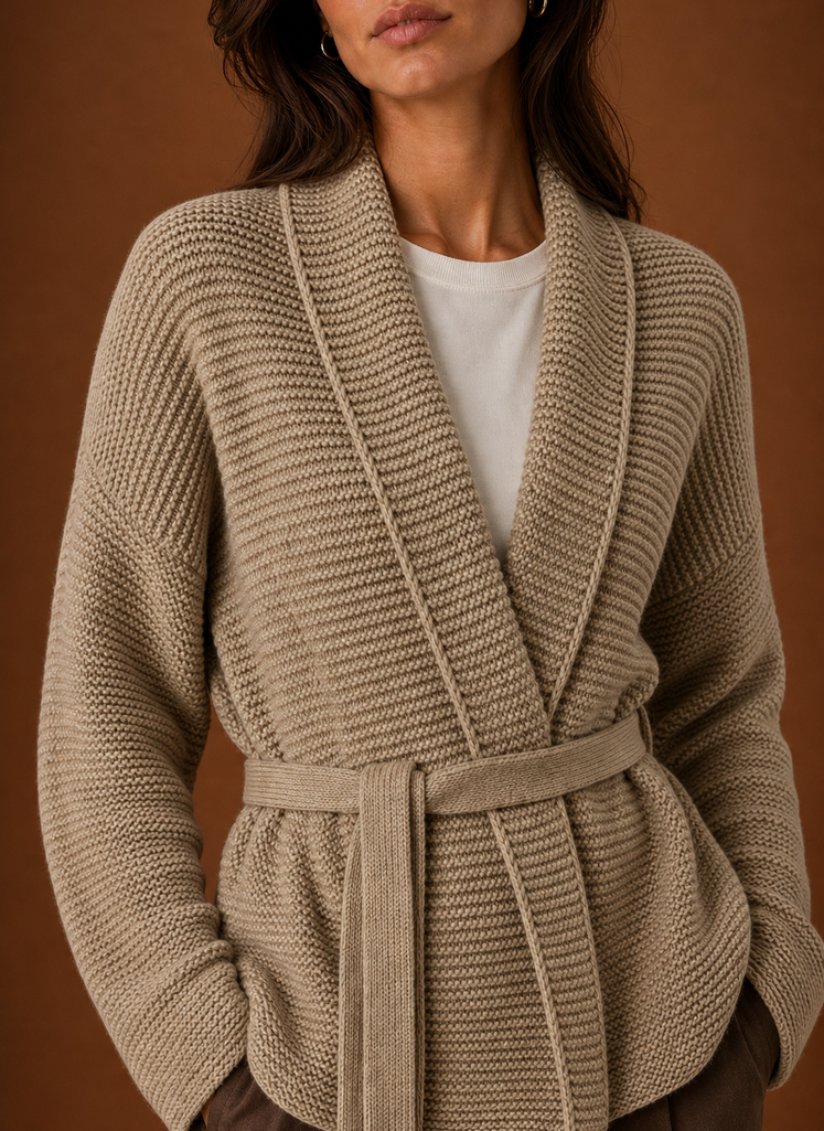 Close-up of chunky knit stitch and tied belt detail on wrap sweater