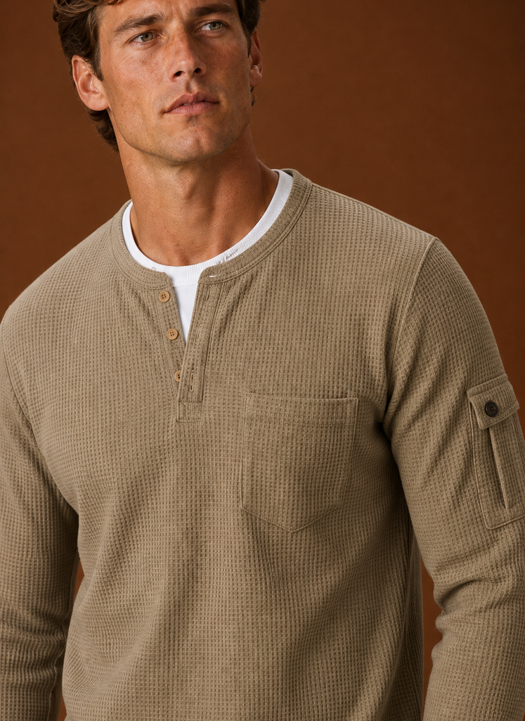 Close-up of the Henley shirt's button-placket and neckline detailing