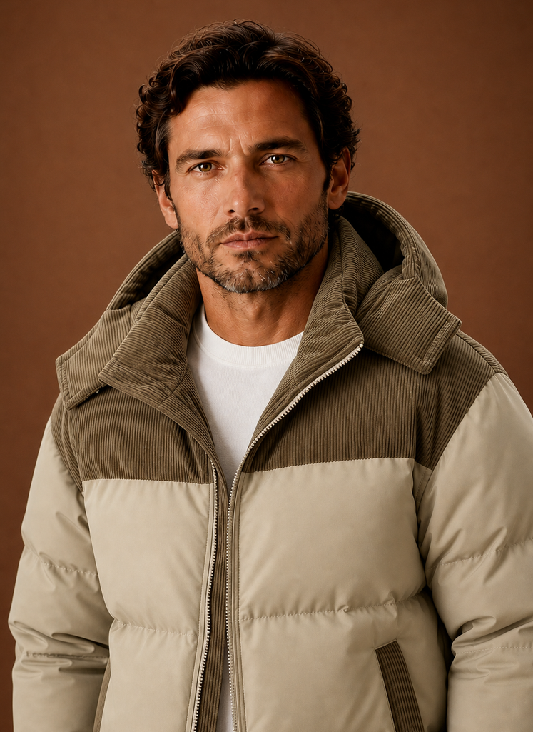 Close-up of corduroy trim and quilted stitching on the men's puffer jacket