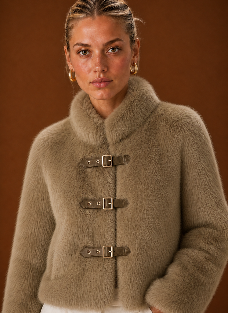 Close-up of Areleon women's faux fur jacket texture and neckline