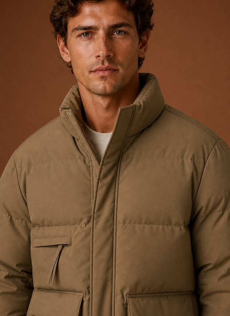 Close-up of the puffer jacket stitching and high-neck finish