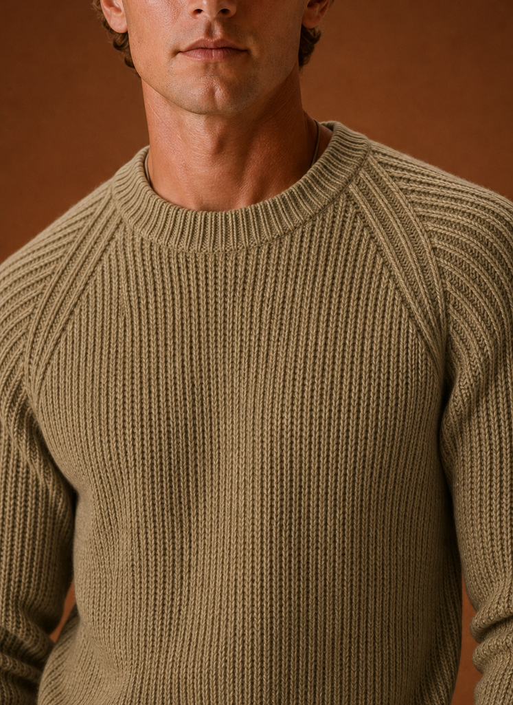 Close-up of cable knit pattern and crewneck ribbing on the sweater