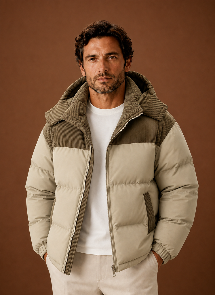 Front view of men's corduroy-trim quilted puffer jacket on a mannequin