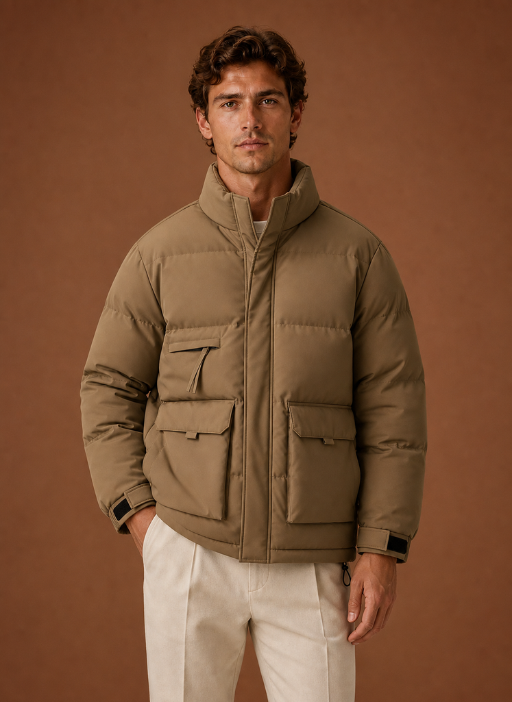 Front view of a high-neck puffer jacket on a mannequin showing the clean silhouette