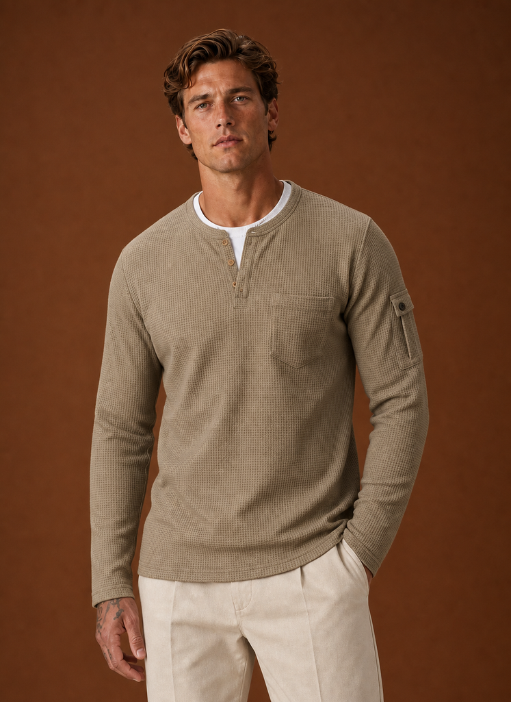Front view of the men's Henley shirt showing the button placket and crew neckline