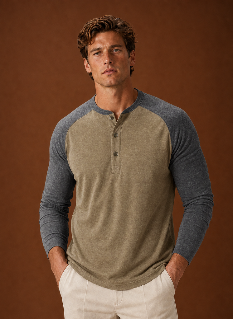 Front view of Areleon men's Henley shirt showing button-placket neckline and clean silhouette