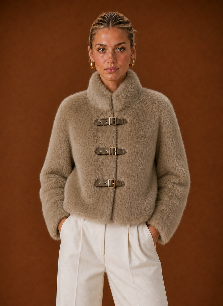 Front view of Areleon women's faux fur jacket on mannequin showing clean silhouette
