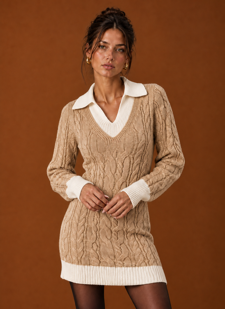 Front view of women's knit sweater dress on a mannequin showing midi length and crew neckline