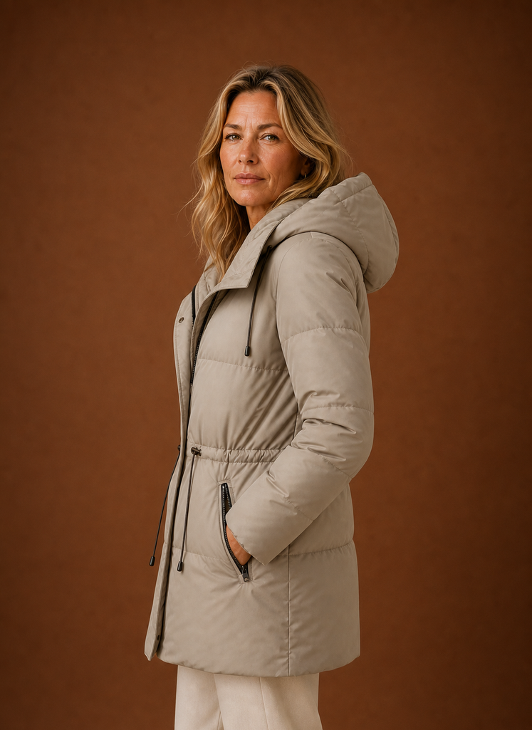 Side profile of Areleon women's quilted winter jacket showing silhouette