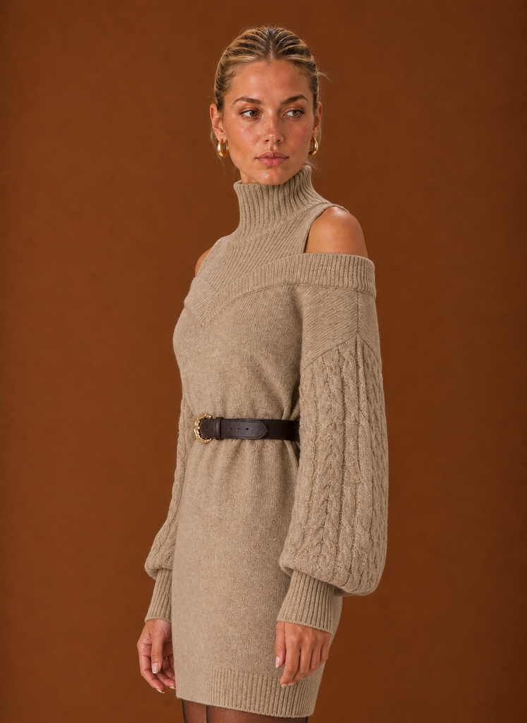 Side view of Areleon women's sweater dress in black showing relaxed fit and ribbed hem