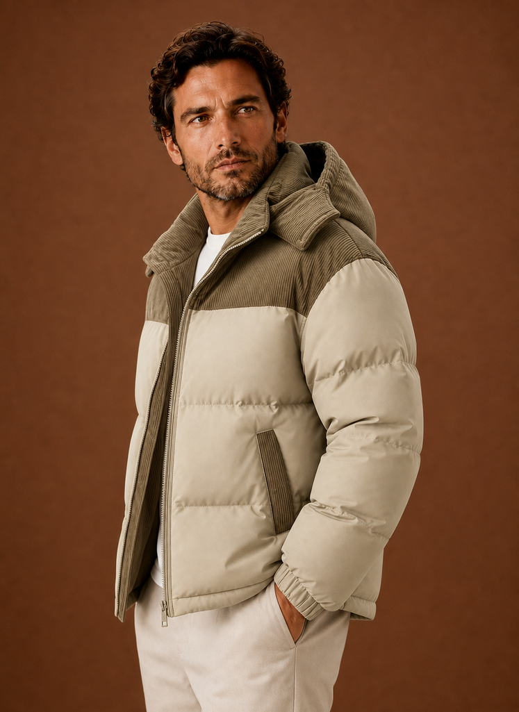 Side profile of men's puffer jacket showing corduroy trim and quilted panels