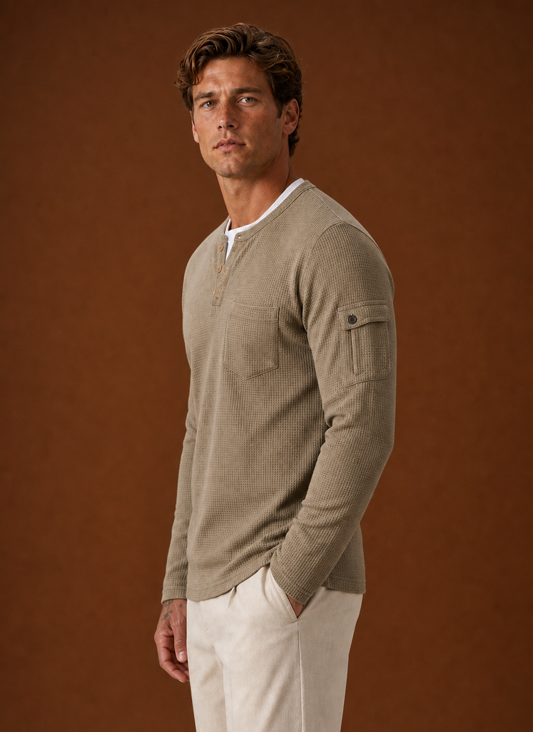 Side view of the Henley shirt showing profile and sleeve fit