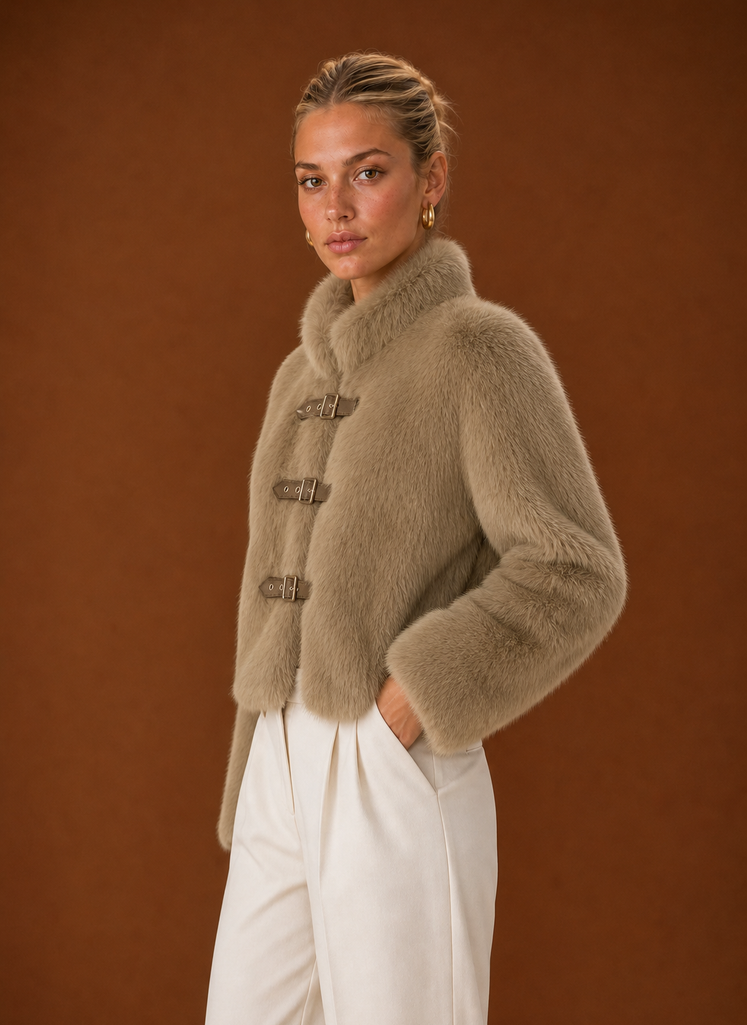 Side profile of Areleon women's faux fur jacket highlighting sleeve and fit