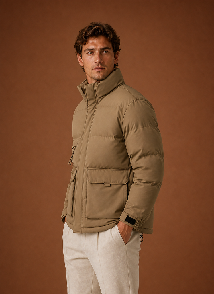 Side profile of the high-neck puffer jacket highlighting the collar and quilted channels