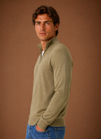 Side view of men's shirt jacket highlighting sleeve profile and relaxed fit