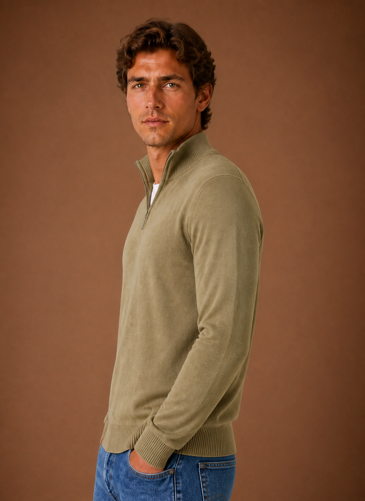 Side view of men's shirt jacket highlighting sleeve profile and relaxed fit