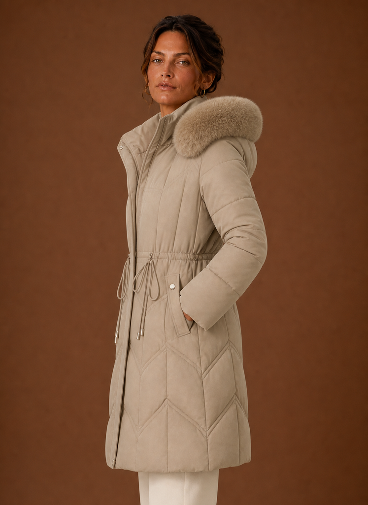 Side profile of long puffer coat showing the hood and streamlined silhouette
