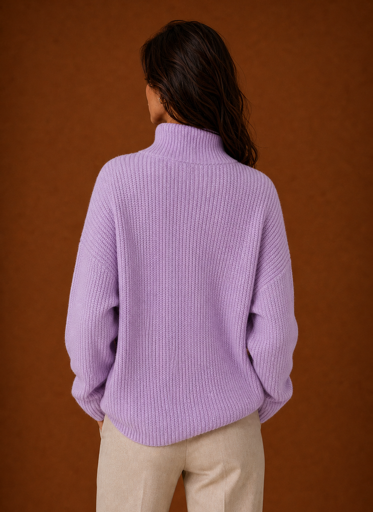 Back view of the women's quarter-zip sweater showing the smooth back and hem