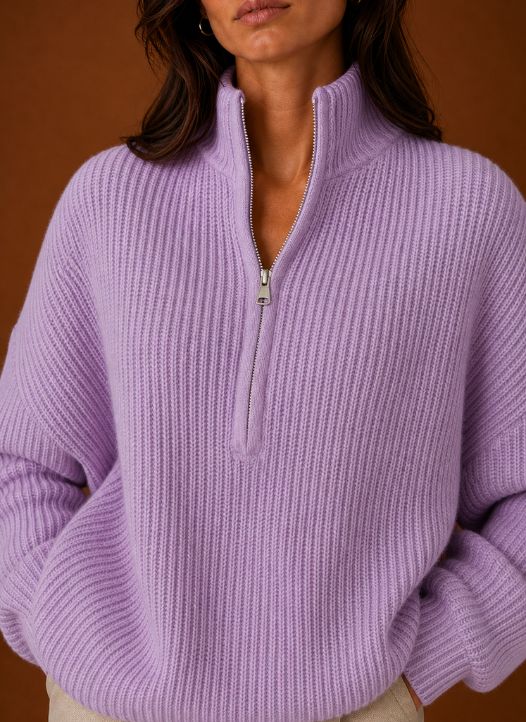 Close-up of the quarter-zip neckline and zipper pull on the women's sweater