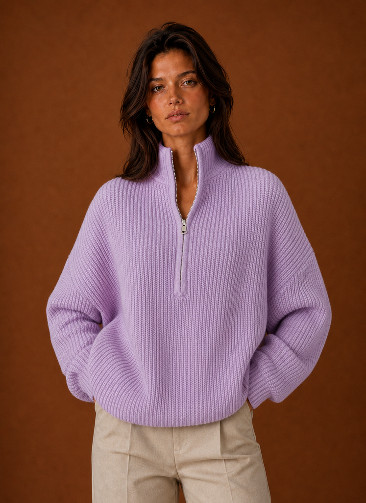 Front view of a women's quarter-zip sweater showing the zip neckline and clean silhouette
