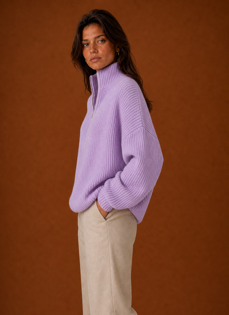 Side view of the women's quarter-zip sweater highlighting the profile and sleeve shape