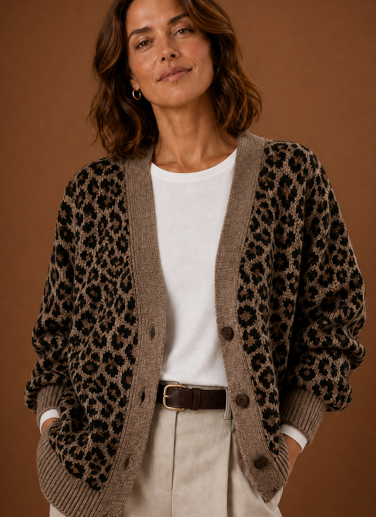 Close-up of button front and leopard print pattern on women's cardigan