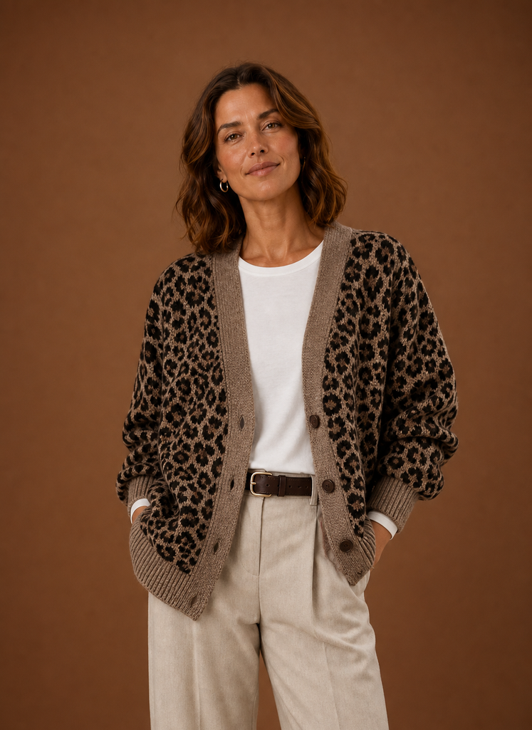 Front view of women's V-neck long-sleeve button-up cardigan with leopard print