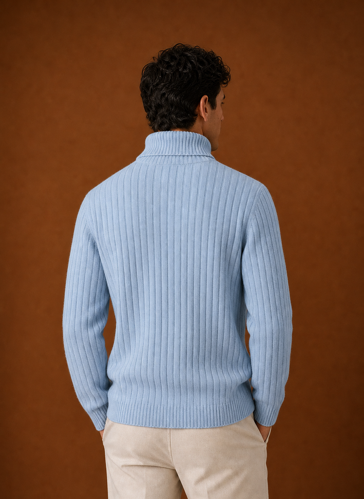 Men's Turtleneck Sweater - Ribbed Roll Neck Knit Pullover back view