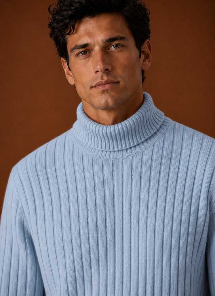 Men's Turtleneck Sweater - Ribbed Roll Neck Knit Pullover closeup view