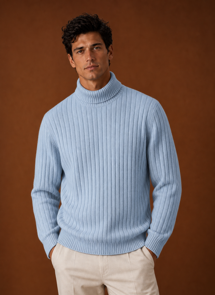Men's Turtleneck Sweater - Ribbed Roll Neck Knit Pullover front view