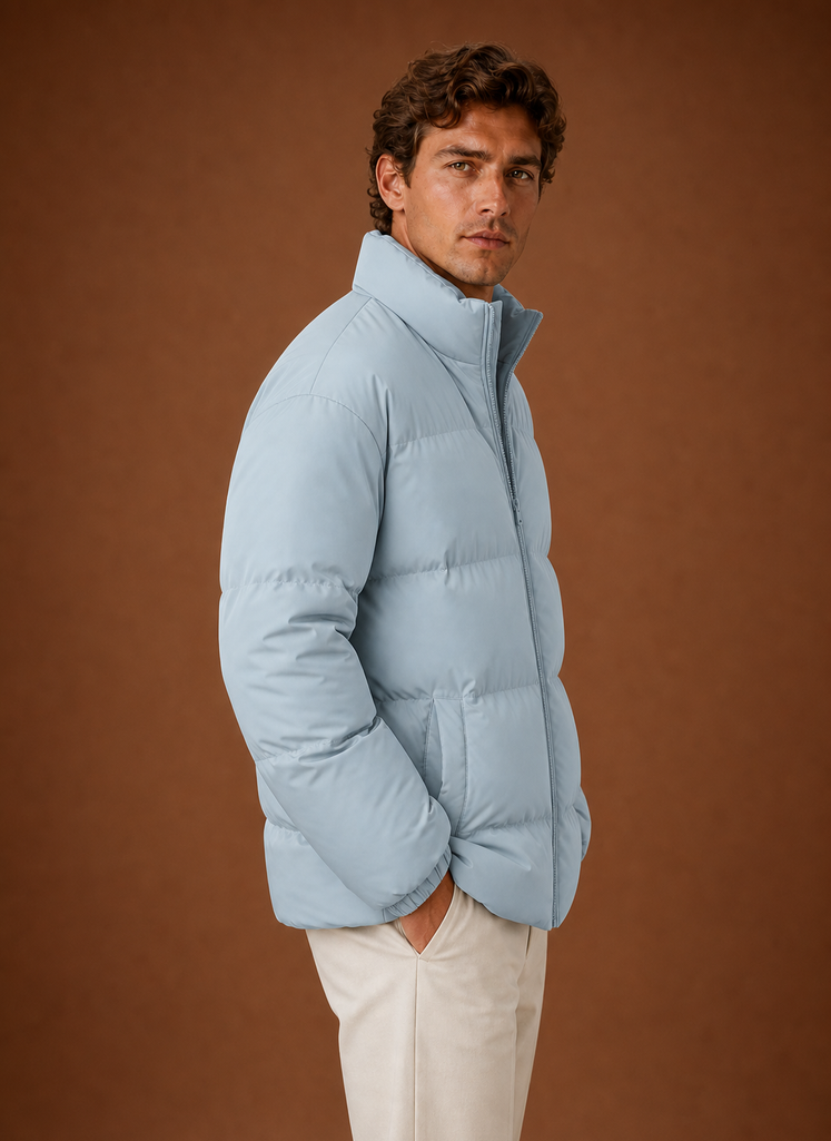 Side profile of the puffer jacket highlighting the silhouette and sleeve shape