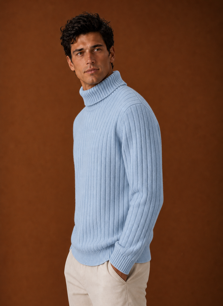 Men's Turtleneck Sweater - Ribbed Roll Neck Knit Pullover side view