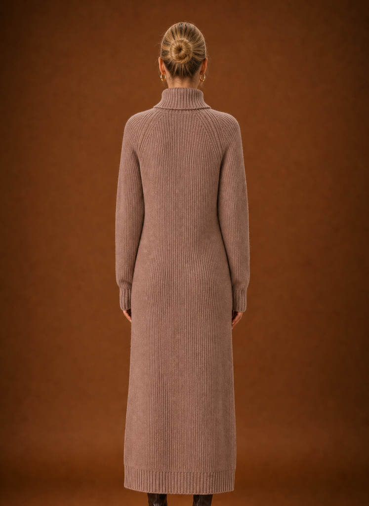 Back view of ribbed knit maxi sweater dress with high turtleneck