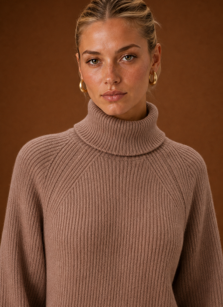 Close-up of ribbed knit texture and turtleneck neckline on the maxi dress