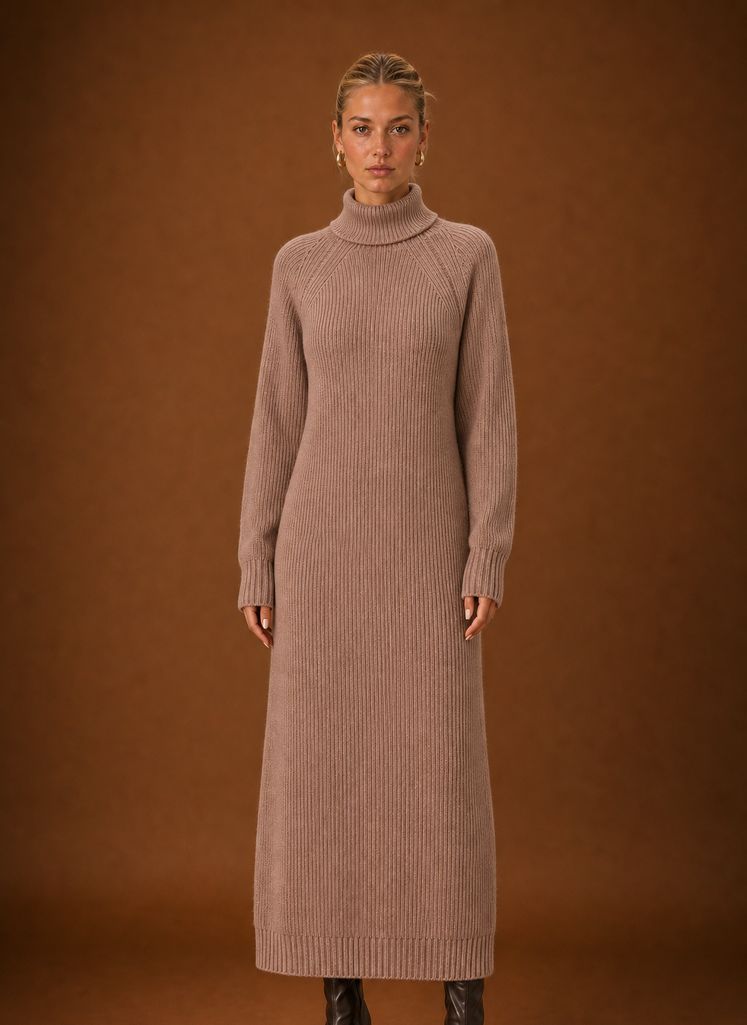 Front view of women's turtleneck ribbed knit maxi sweater dress on a mannequin