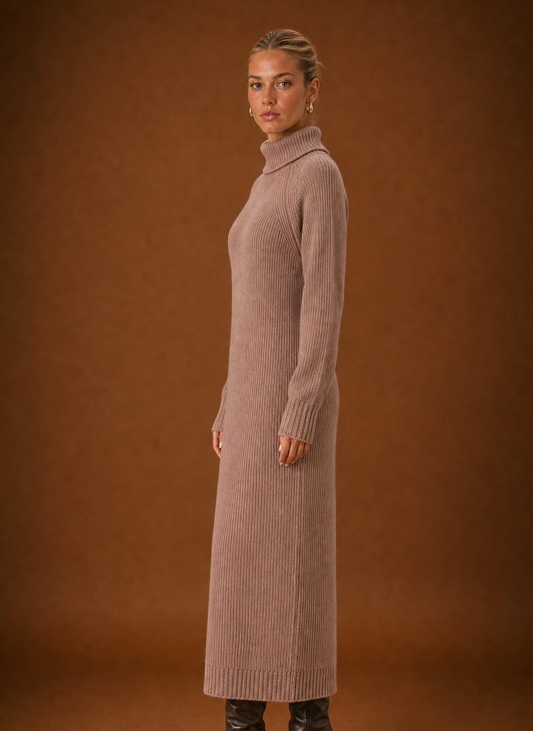 Side view of the turtleneck ribbed knit maxi dress showing the full-length silhouette