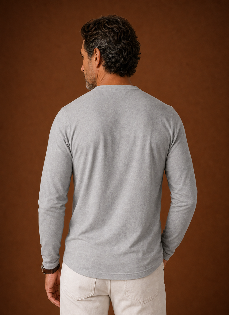 Back view of men's long-sleeve Henley shirt with clean hem