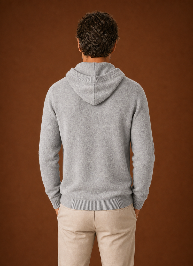 Back view of Areleon men's knitted hooded pullover with hood raised
