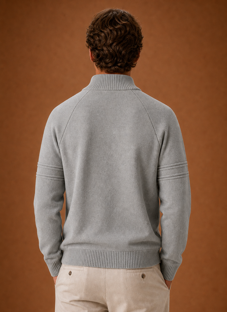 Back view of men's knit sweater with long sleeves and clean back