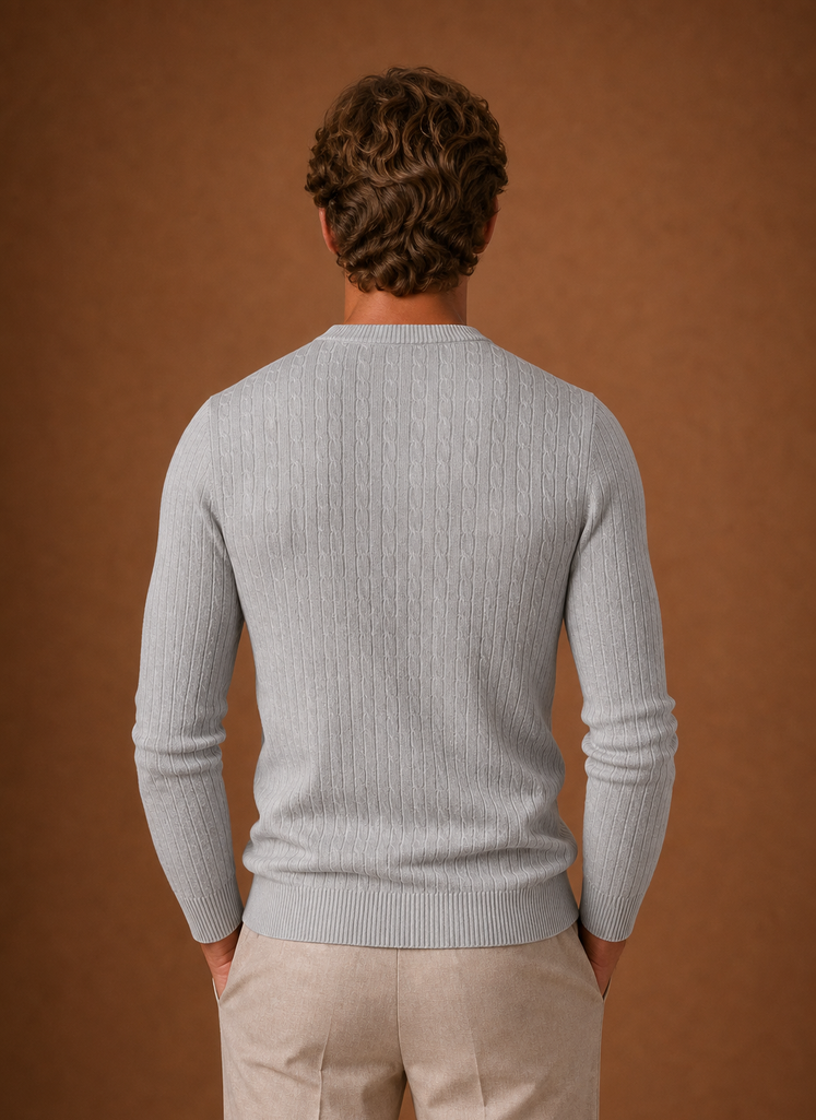 Back view of Areleon men's cable knit crew neck sweater