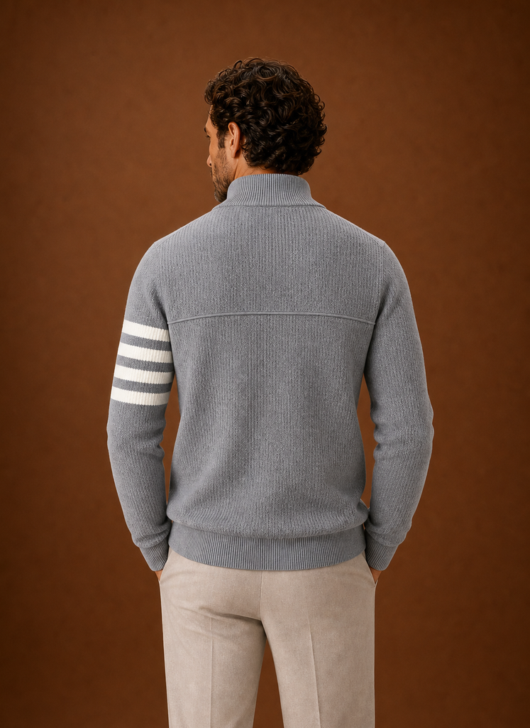 Back view of the striped half-zip sweater showing the full stripe pattern
