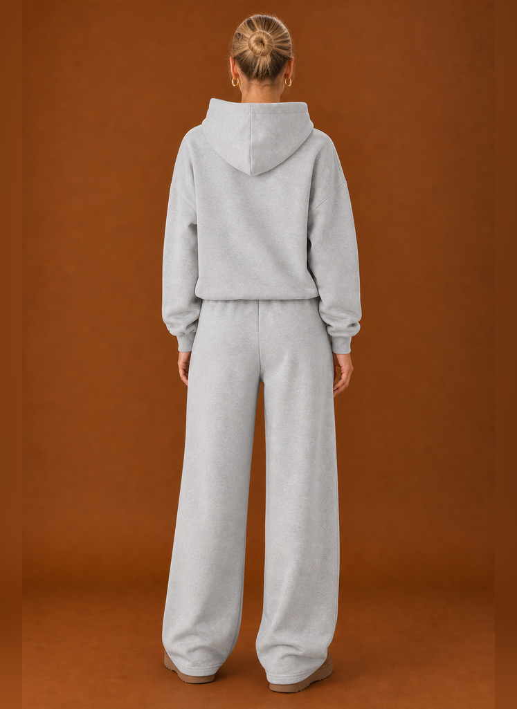 Back view of the matching sweatsuit set showing a clean silhouette