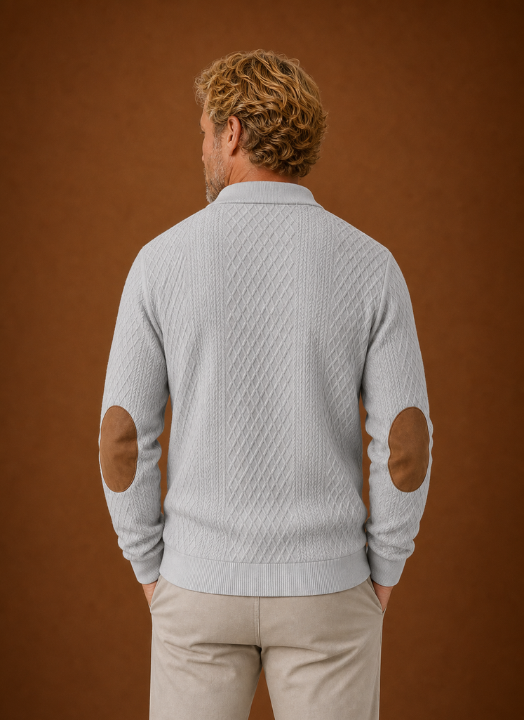 Back view of men's crewneck sweater with clean silhouette