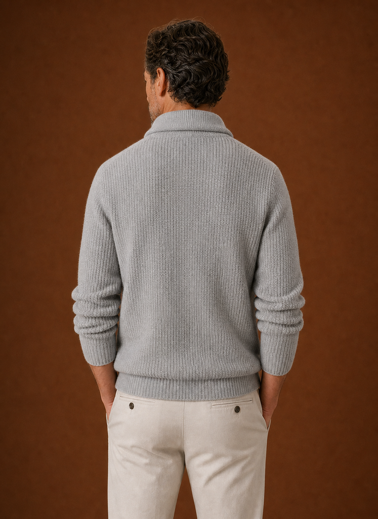 Back view of men's shawl collar cardigan showing the collar and straight hem