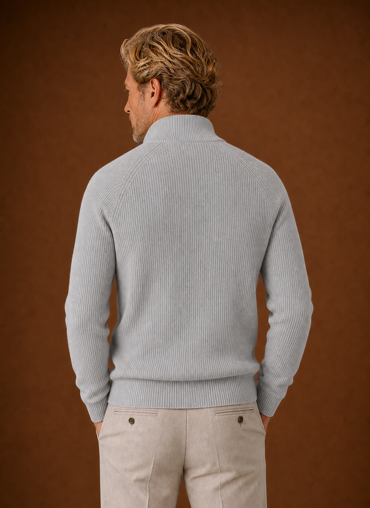 Rear view of the Areleon men's full-zip ribbed knit cardigan