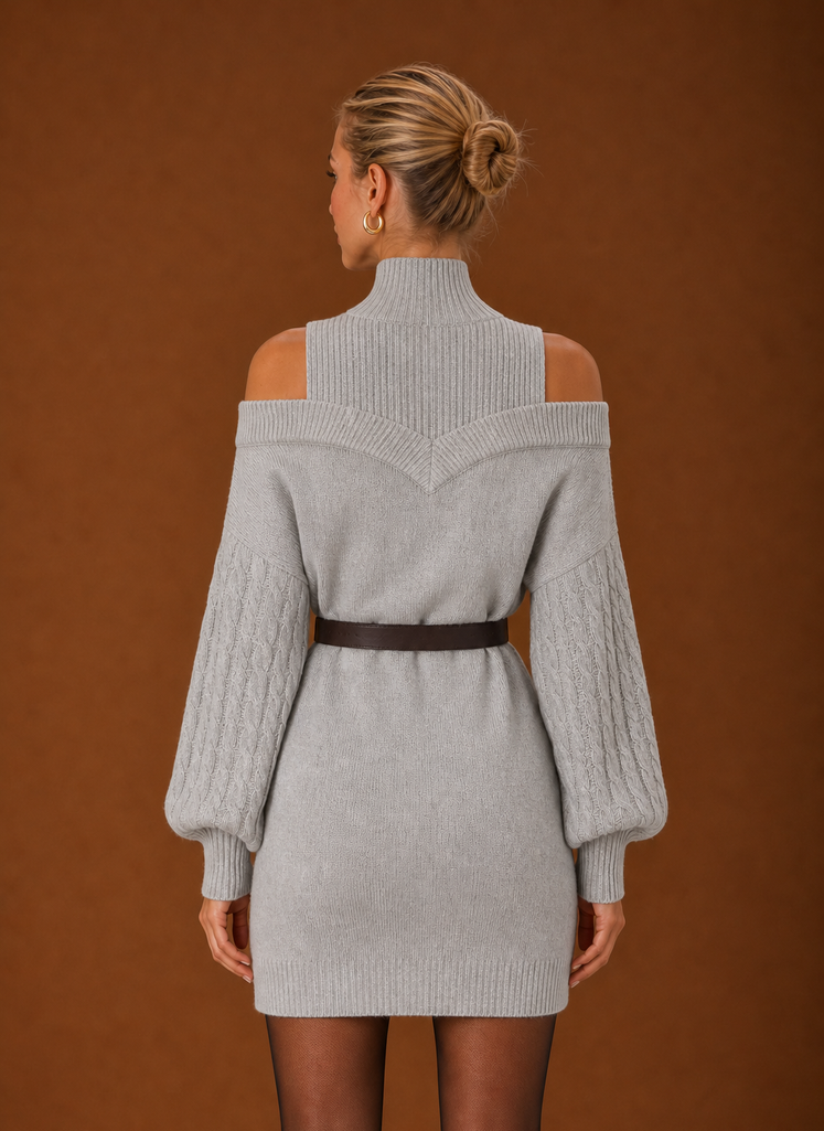 Back view of Areleon women's sweater dress in light grey with smooth knit finish