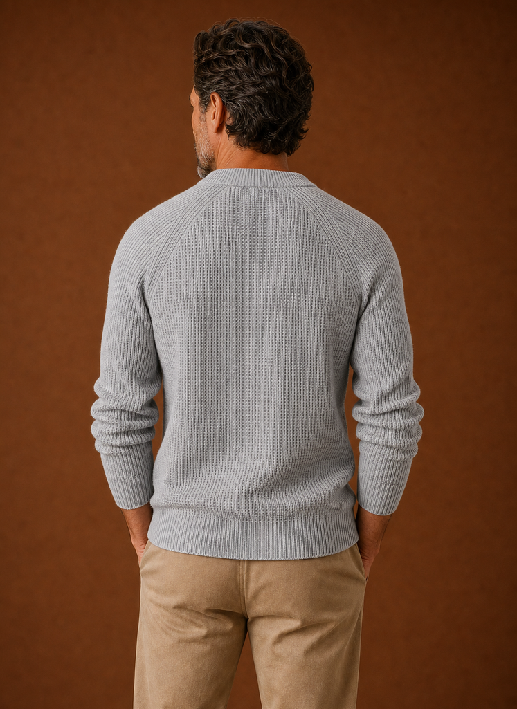 Back view of Areleon men's textured waffle knit crew neck sweater showing full back and hem