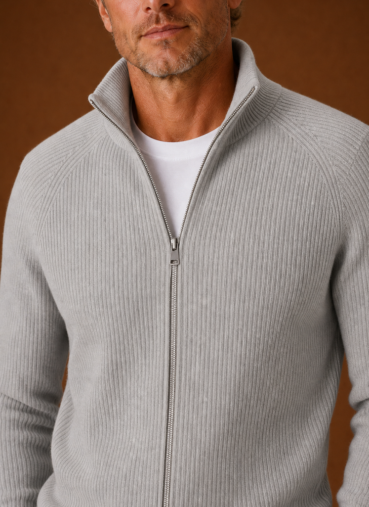 Close-up showing the ribbed knit texture and zipper on the Areleon cardigan