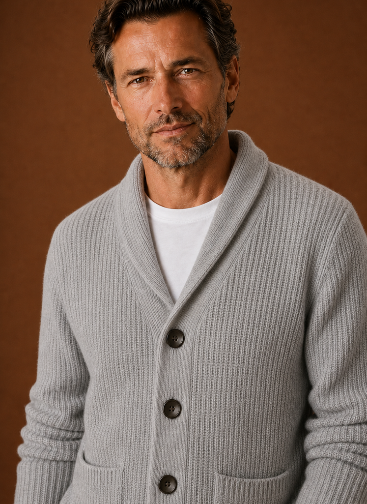 Close-up of the shawl collar and neckline detail