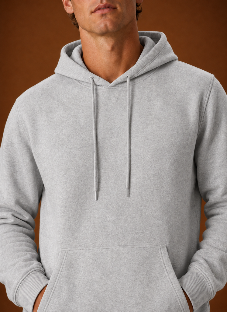Close-up of the Areleon men's hoodie hood and stitching at the neckline
